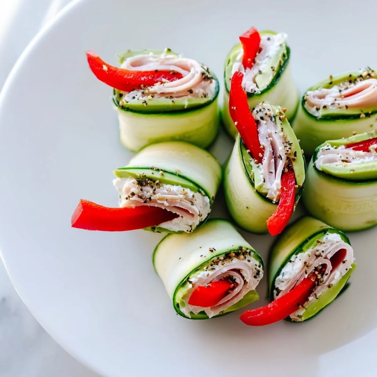 Crisp cucumber roll-ups with visible layers of cream cheese and turkey, great for low-carb diets.