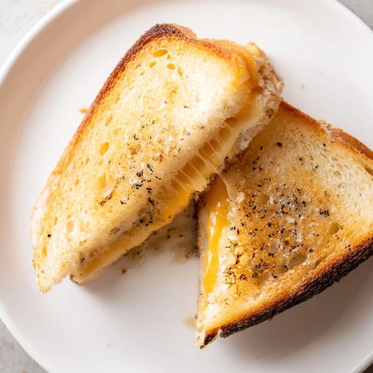 Perfectly browned Truffle Oil Grilled Cheese on a plate, with cheese pull and aromatic truffle oil drizzled on top already.