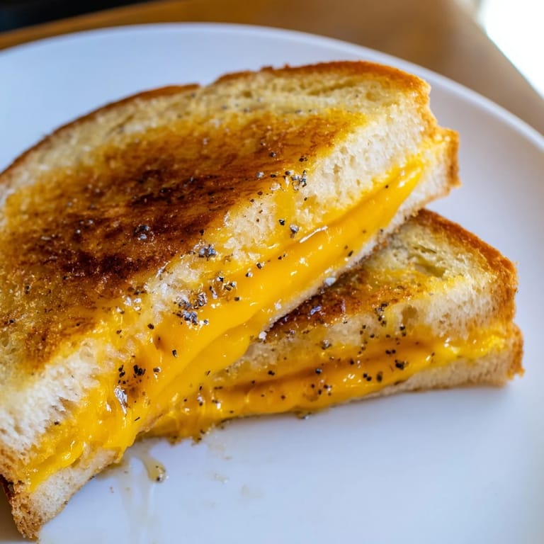 Close-up of a decadent Truffle Oil Grilled Cheese; warm, toasted bread surrounds the gooey, melted cheddar.