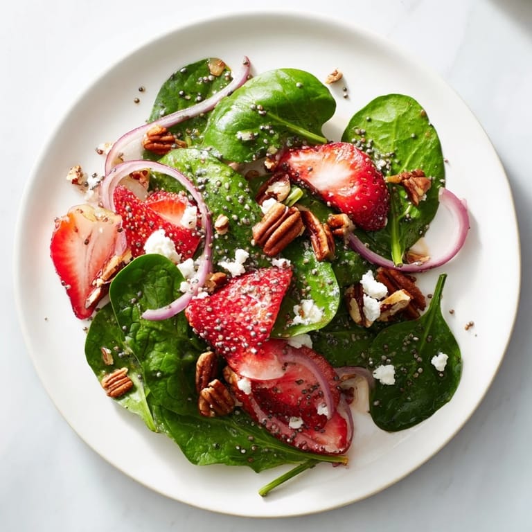 A close-up of a delightful spinach strawberry salad, showing the sweet poppy seed dressing.