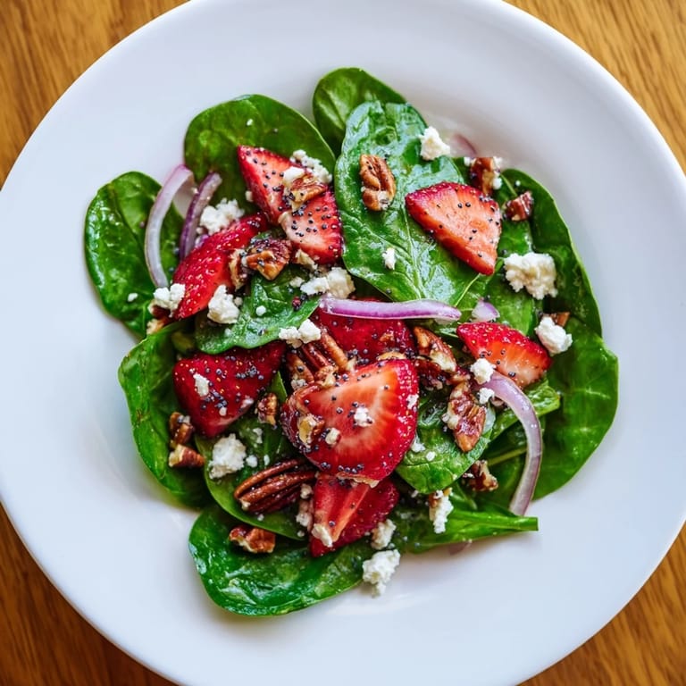 Vibrant spinach strawberry salad with pecans, ready to be tossed and enjoyed today.