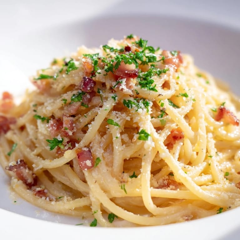 Imagine a close up shot of creamy garlic bacon pasta ready to devour with fresh parsley.