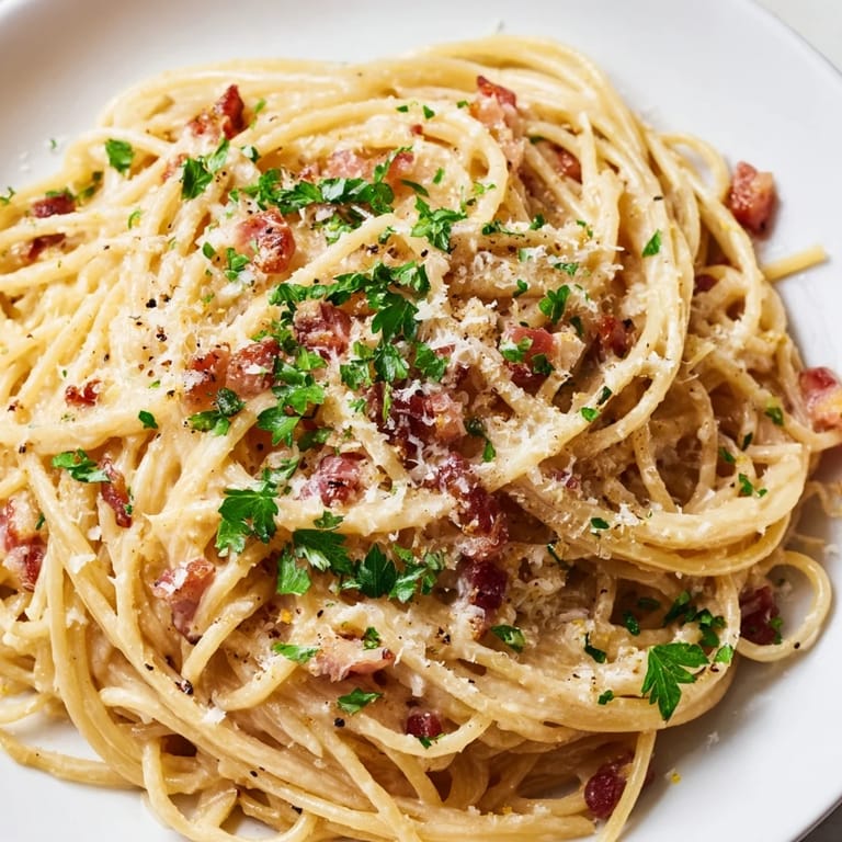 Savor the flavors of this delicious creamy garlic bacon pasta served with extra Parmesan.