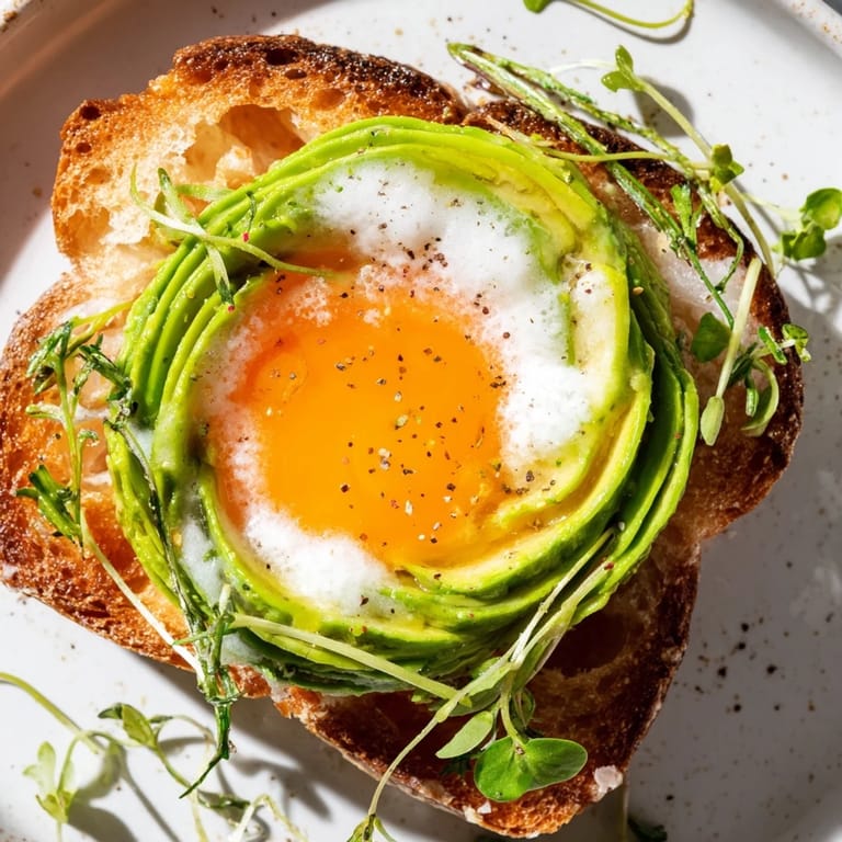 Freshly baked cloud toast 2.0 features a soft egg cloud base, avocado, and microgreens garnished beautifully.
