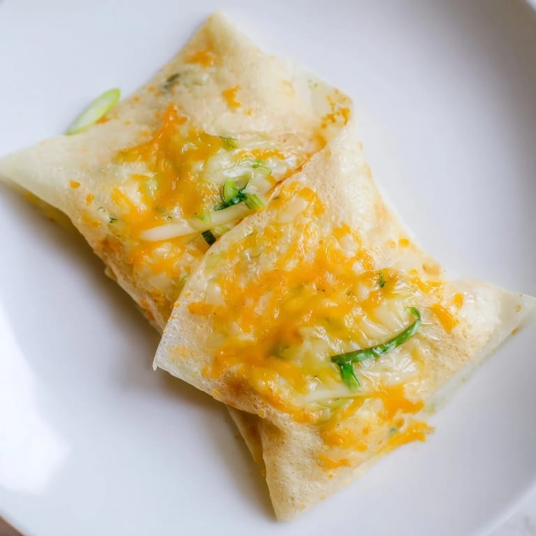 Close-up of a flavorful Rice Paper Egg & Cheese Fold: the crispy rice paper shows an egg and cheese filling.