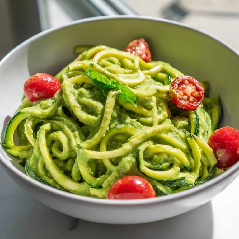 Zucchini noodles tossed in vibrant avocado pesto, topped with cherry tomatoes, served warm for a light vegetarian main.