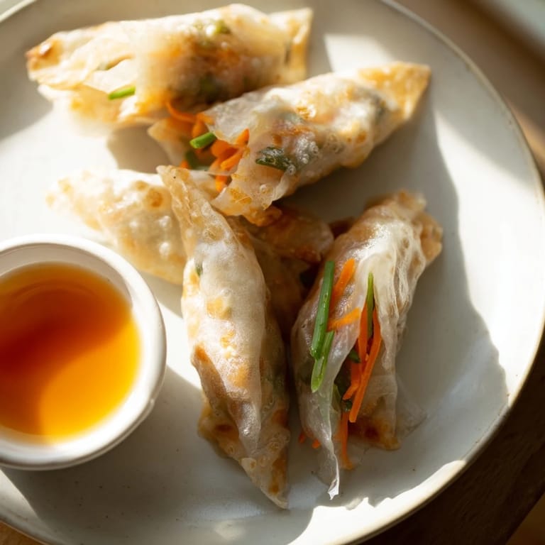 Freshly cooked Crispy Rice Paper Dumplings arranged on a plate, their delicate rice paper wrappers blistered and crisp from the skillet.