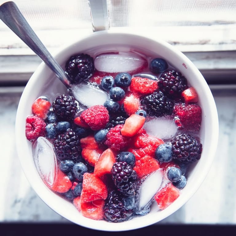 Enjoy Nature’s Cereal Bowl, a hydrating vegan mix of fresh berries in chilled coconut water, perfect for a light snack.