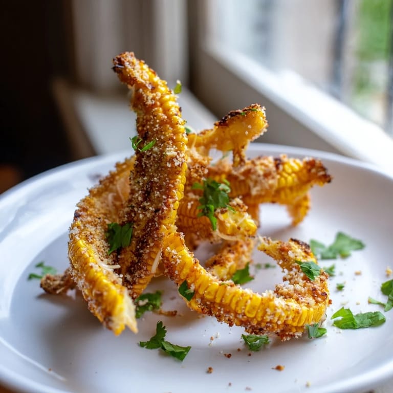 Homemade Cheesy Corn Ribs, golden and curled from roasting, finished with melted cheese, cilantro, and zesty lime for a savory snack.