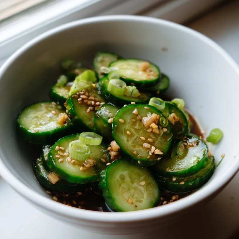 A close-up of a refreshing Asian-inspired cucumber salad, highlighting the glossy, spiced dressing clinging to each crisp, 1/4-inch round.