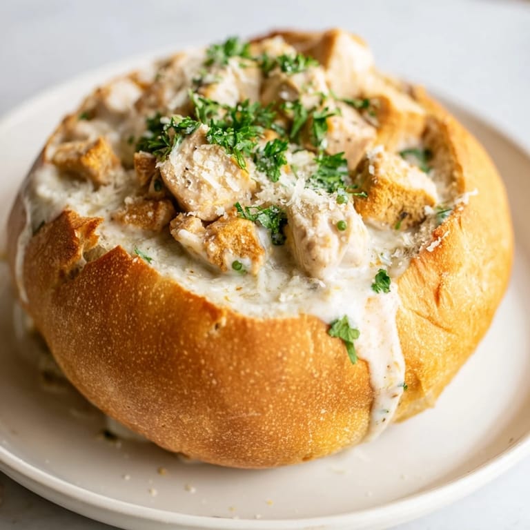 Savory chicken Alfredo baked inside a toasted bread bowl, ready to be served with a side salad.
