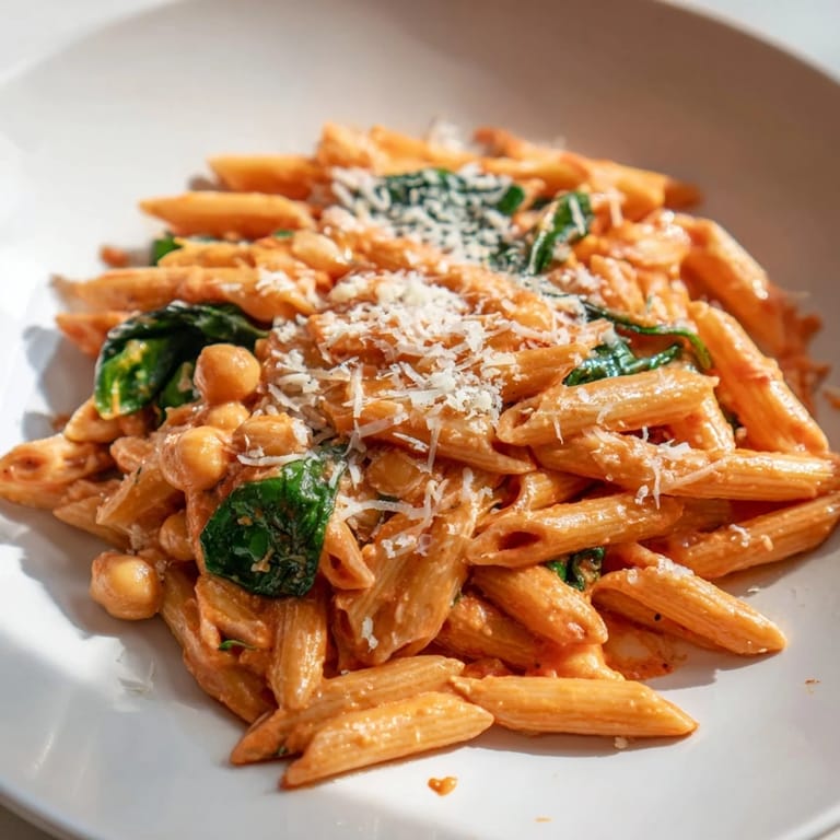 Served in a shallow bowl, Creamy Tuscan Chickpea Pasta showcases creamy tomato sauce with garlic, chickpeas, and spinach alongside crusty bread.