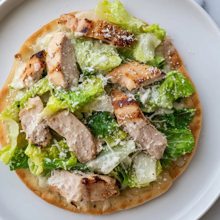 Wedge-shaped slice of a warm Chicken Caesar Flatbread showcasing golden crust, creamy dressing, and a sprinkle of freshly grated parmesan.