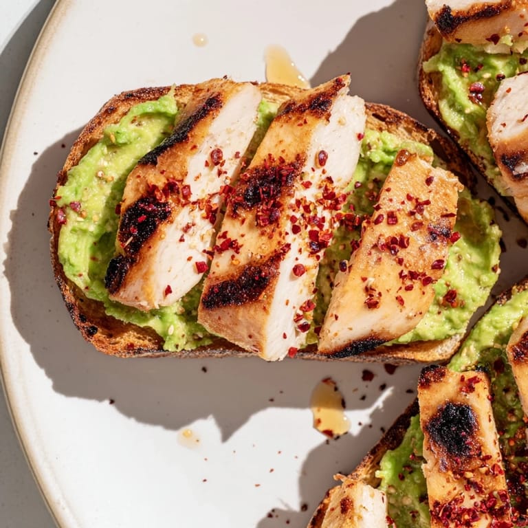Savory and sweet chicken toast with smooth avocado, crusty bread texture, and a honey-chili finish perfect for a quick lunch or brunch.