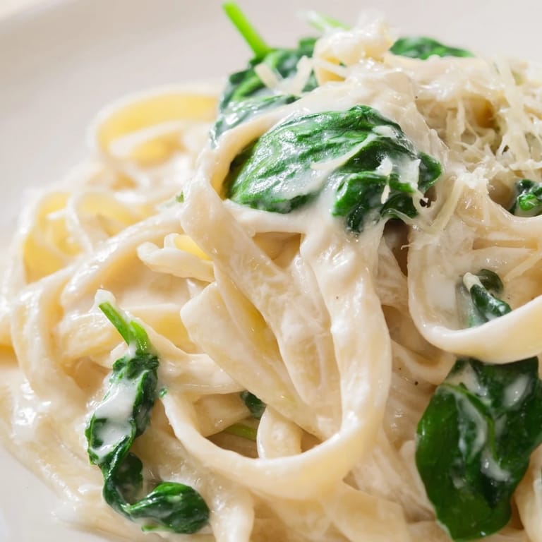 Comforting Creamy Garlic Spinach Pasta ready for a weeknight dinner, topped with grated Parmesan.