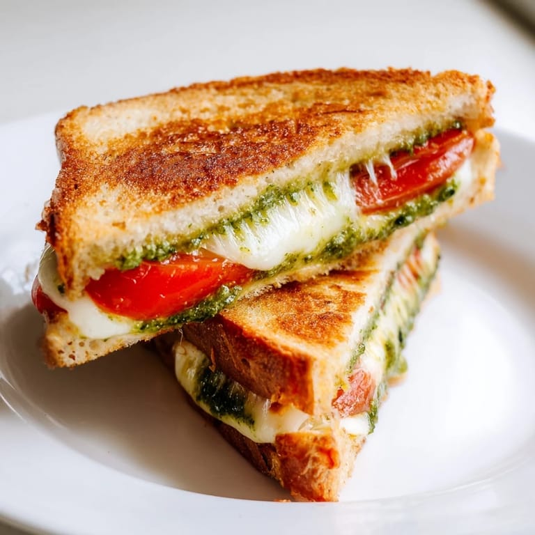 Melted mozzarella and juicy tomato slices peek from between buttery toasted sourdough in this Caprese Pesto Grilled Cheese.  