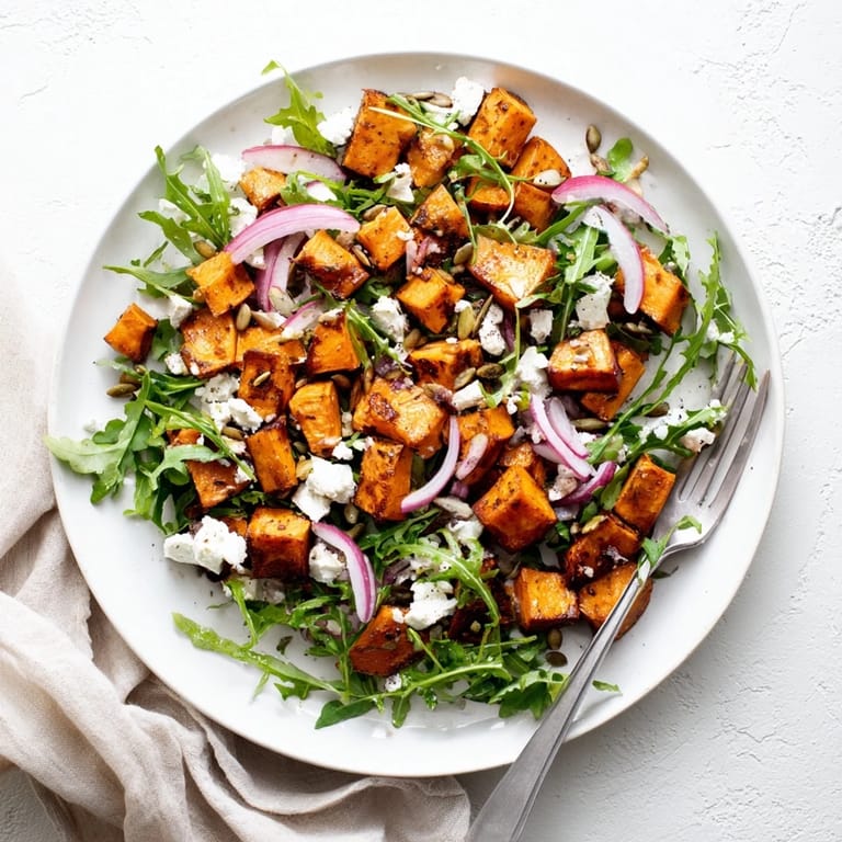 A vibrant Roasted Sweet Potato Salad topped with creamy feta and pumpkin seeds, served on a rustic wooden table.
