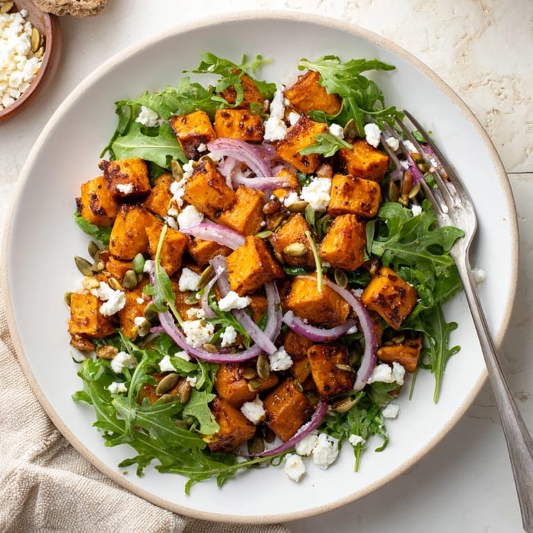 This Roasted Sweet Potato Salad features golden sweet potato cubes tossed with arugula, red onion, and honey-lime dressing.