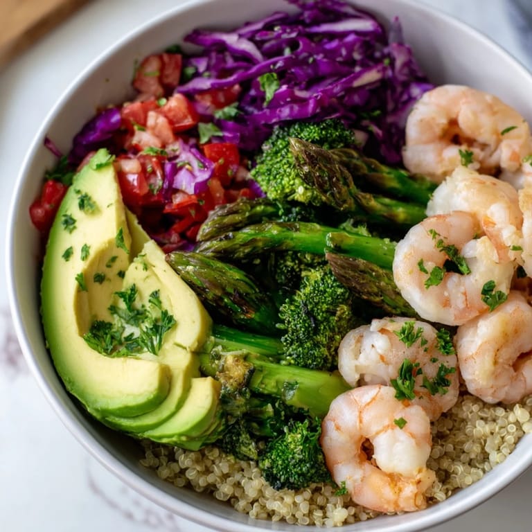 Healthy Detox Buddha Bowl with Shrimp and Quinoa served with lemon wedges and herbs, perfect for a light, nutritious meal.