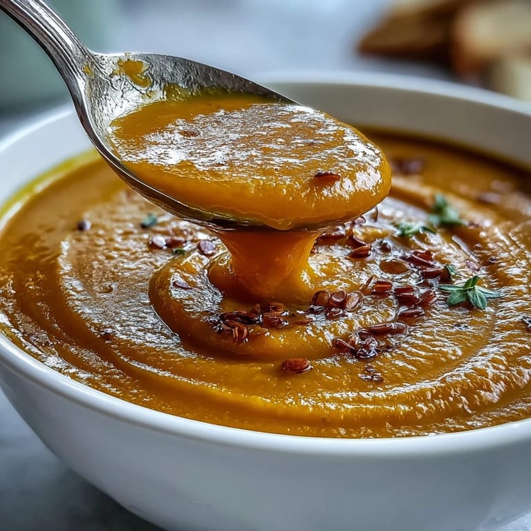 Roasted butternut squash and red lentils blended into a velvety soup, served in a white ceramic bowl.