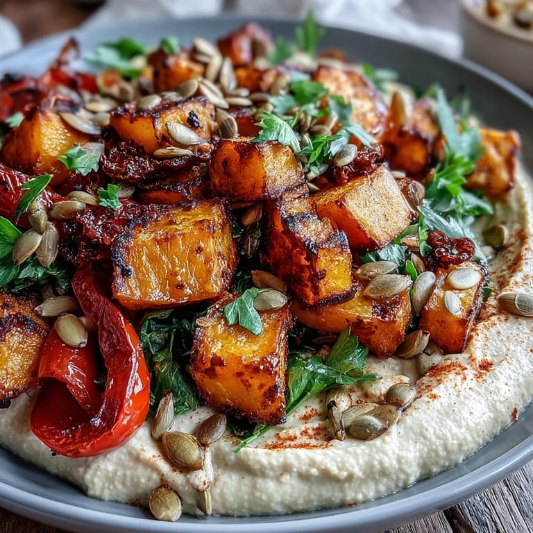 A close-up of a hearty vegetarian winter salad, showcasing colorful roasted vegetables and creamy hummus garnished with fresh parsley and paprika.  