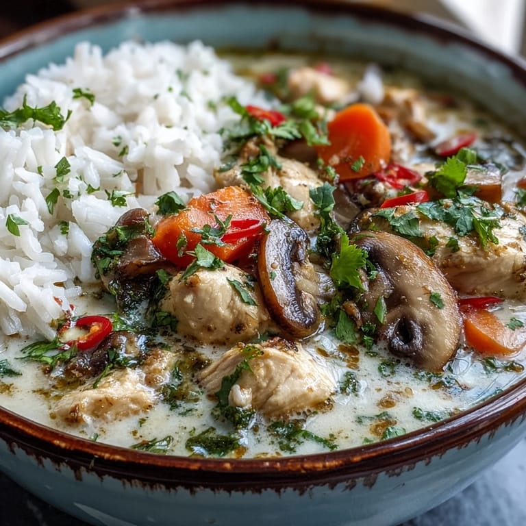 Spoonful of Thai Coconut Curry Soup showing shredded chicken, sliced carrots, and jasmine rice in rich coconut milk, with a lime wedge garnish.