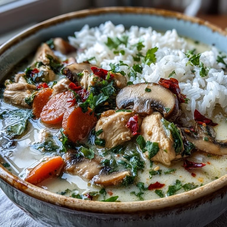 Vibrant bowl of Thai Coconut Curry Soup garnished with fresh cilantro and chili slices, served steaming hot alongside fluffy jasmine rice.