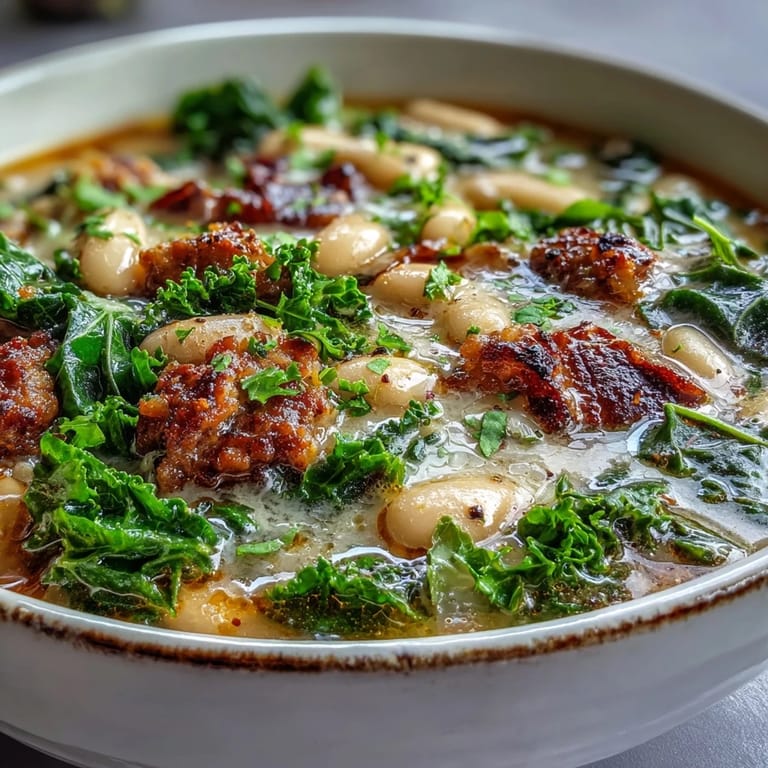 Close-up of Italian White Bean Soup with Kale and Sausage, highlighting creamy beans, tender kale, and crumbled spicy sausage in broth.