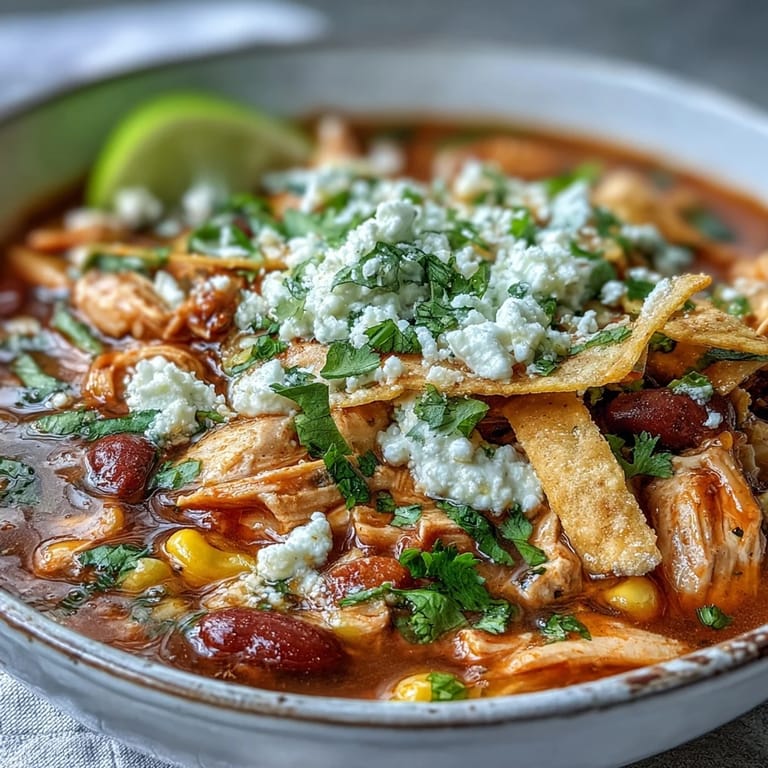 Hearty Chicken Tortilla Soup in a colorful bowl, featuring a rich tomato broth, corn, and a dollop of sour cream on top.