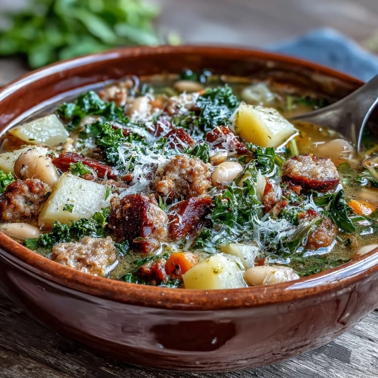 A hearty ladle of Tuscan White Bean Sausage Soup topped with Parmesan, ready to serve with crusty bread.