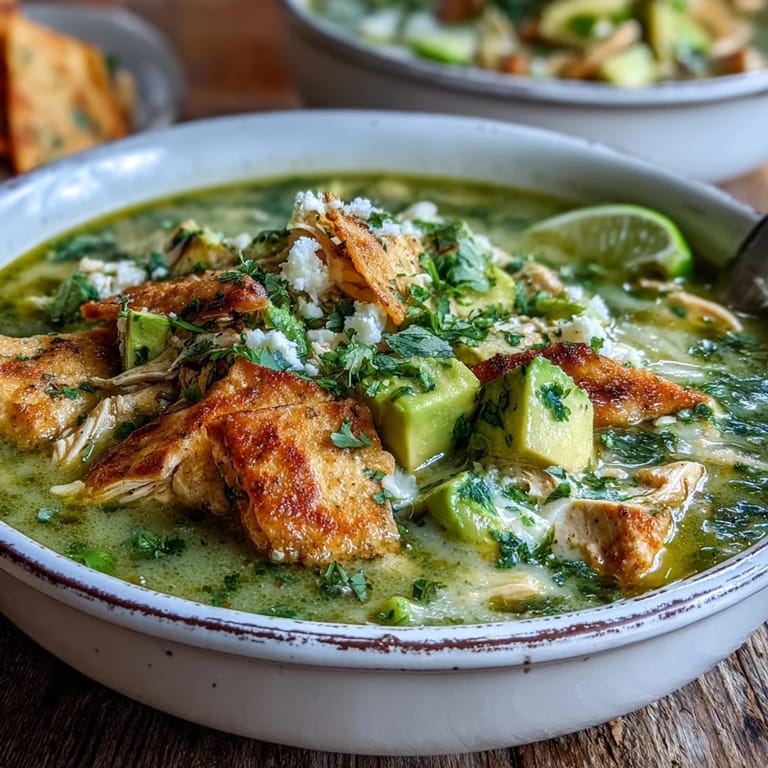 A hearty bowl of Creamy Chicken Tortilla Soup topped with avocado, chips, and a lime wedge.