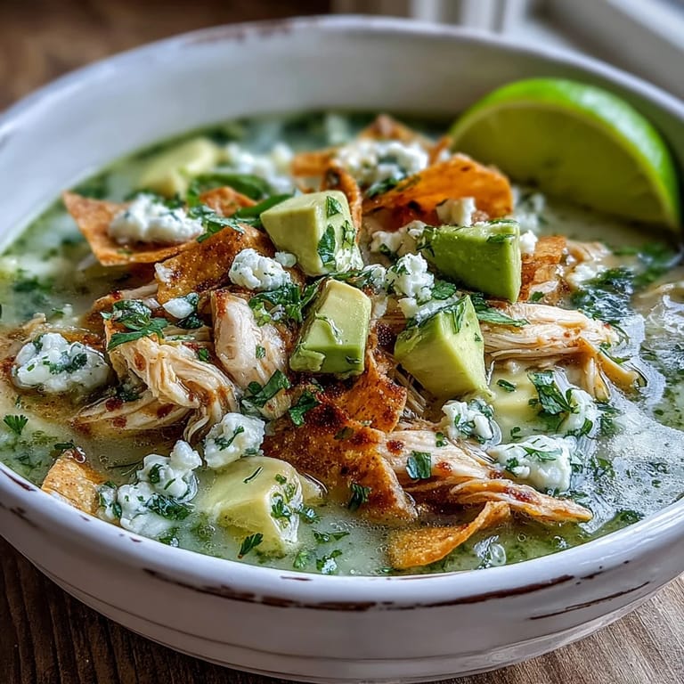Spoon lifting creamy soup with shredded chicken and peppers, alongside avocado, chips, and cilantro garnish.
