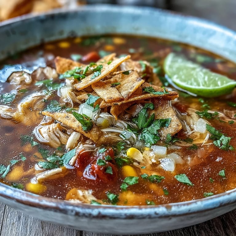 A ladle of Best Chicken Tortilla Soup showing tender chicken, corn, and diced tomatoes.