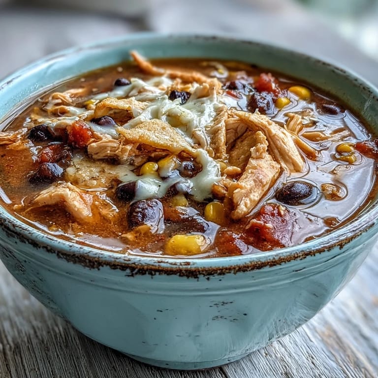 Creamy Tex-Mex Easy Chicken Tortilla Soup served steaming hot, garnished with jalapeños, cilantro, and crunchy tortilla chips for dipping.