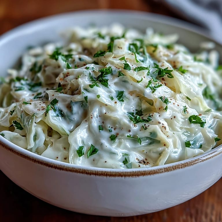 A close-up of tender Creamed Cabbage in a rich, nutmeg-scented sauce, served as a perfect side for weeknight dinners.