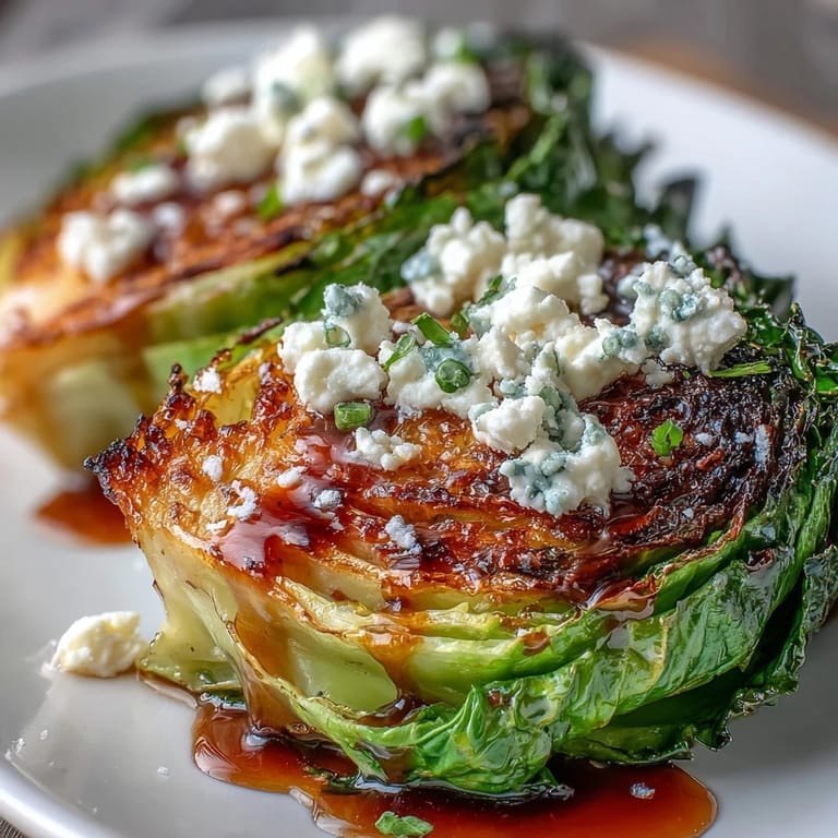 Vibrant Mediterranean-inspired Crispy Cabbage Steaks With Feta and Balsamic served warm as a colorful, gluten-free vegetarian side dish.  