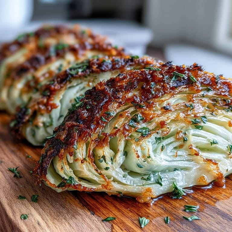 Savory Roasted Garlic Parmesan Cabbage Wedges served hot, garnished with fresh herbs and extra cheese, making a delicious vegetarian side dish for dinner.