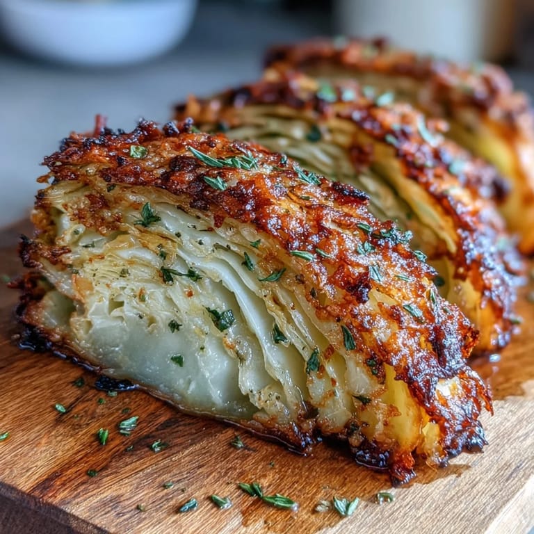 Tender green cabbage wedges roasted to perfection, featuring browned cheese seasoning and caramelized edges. Roasted Garlic Parmesan Cabbage Wedges paired with grilled chicken.