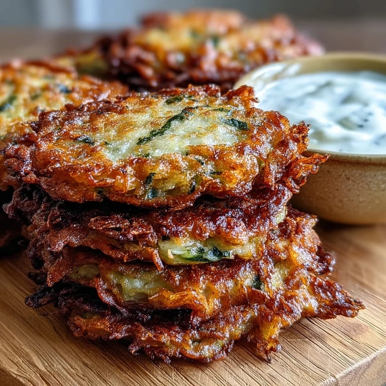 A close-up of Cabbage Fritters With Dipping Sauce showing a tangy yogurt sauce beside the crunchy, golden vegetable fritters.