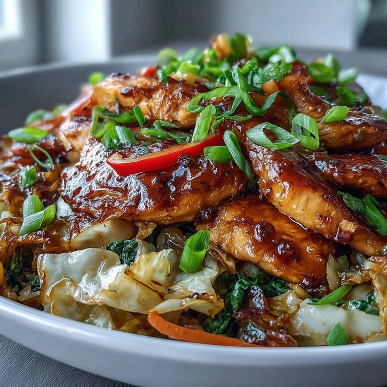 Golden-brown chicken pieces and vibrant shredded cabbage in Chicken Cabbage Stir-Fry, served steaming over a fluffy bed of white rice.