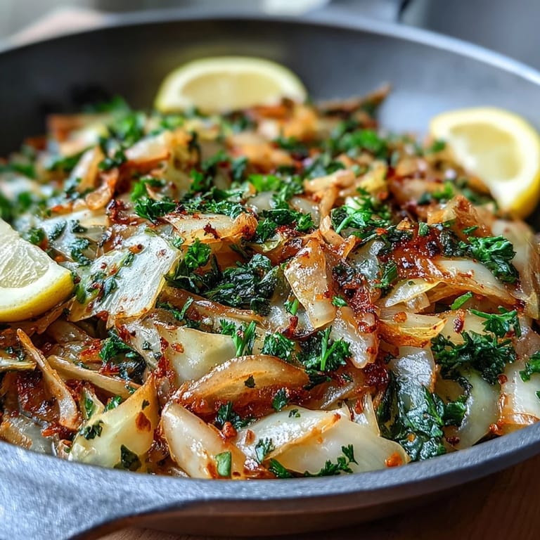 Golden-edged sautéed cabbage with garlic and Mediterranean spices, served alongside grilled chicken and lemon wedges on a wooden table for a healthy meal.