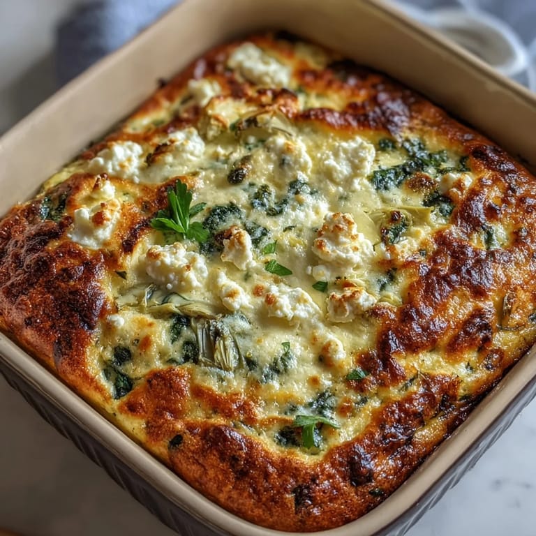 Spoon serving of High Protein Spinach Artichoke Bake on a plate with a fresh garden salad.