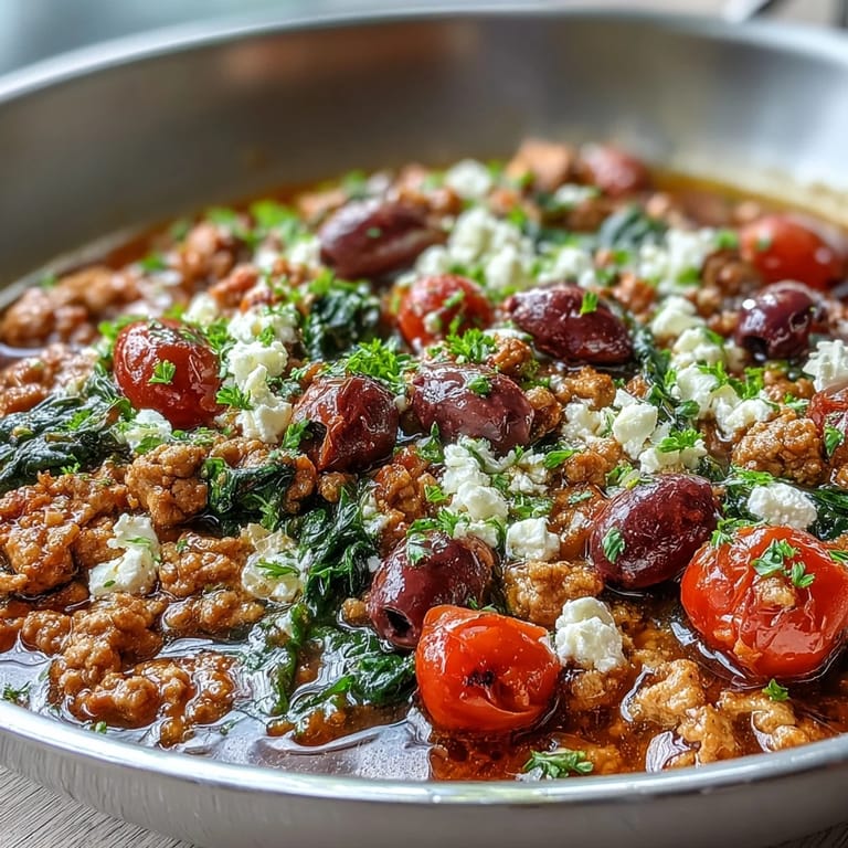 Colorful Mediterranean Keto Ground Chicken Skillet with Olives and Feta topped with crumbled feta cheese.