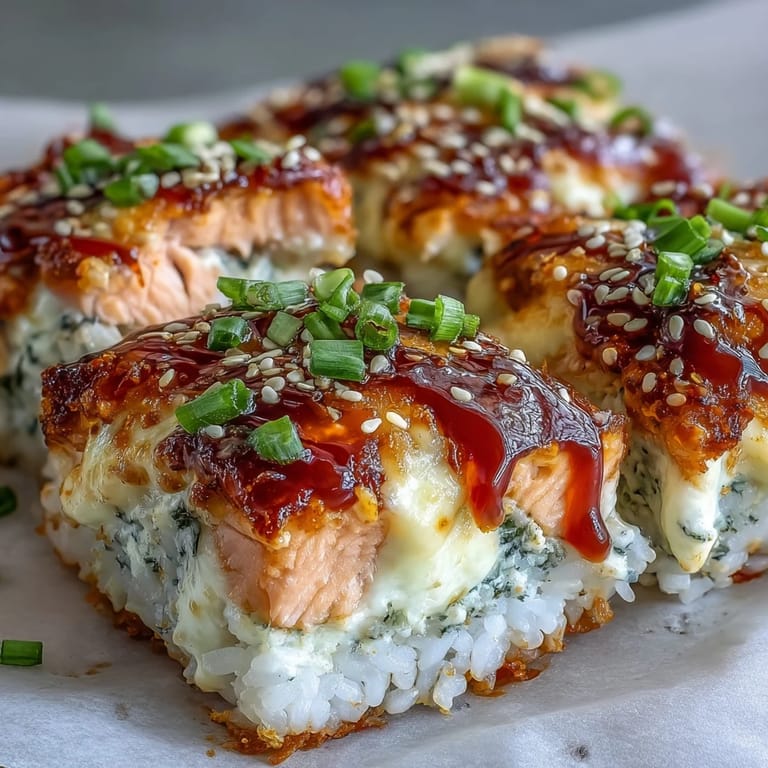 Warm Spicy Salmon Sushi Bake casserole with fresh avocado slices and drizzles of spicy mayo.