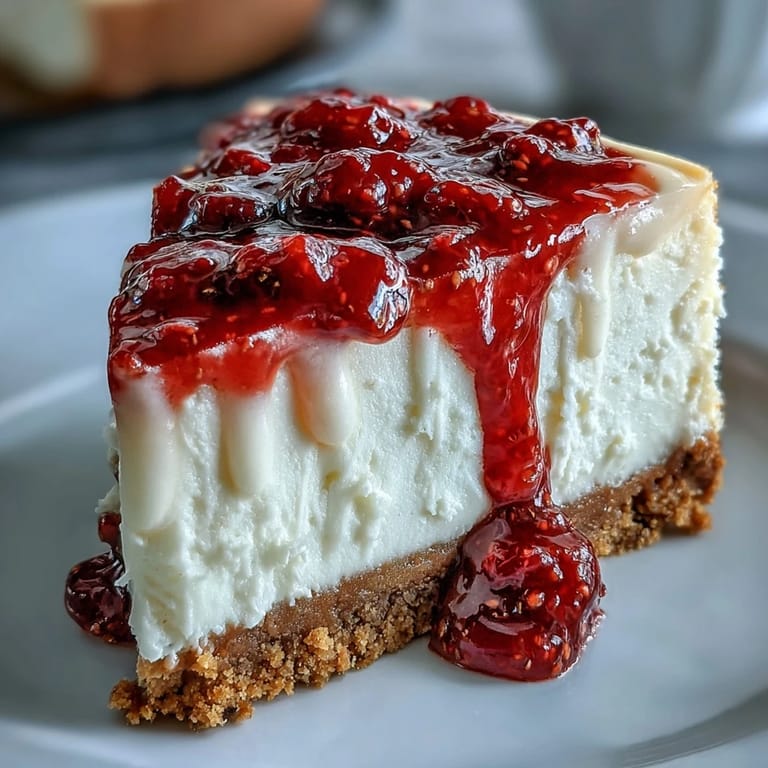 The rich white chocolate cheesecake slice features a bright raspberry swirl and a graham cracker crust base.