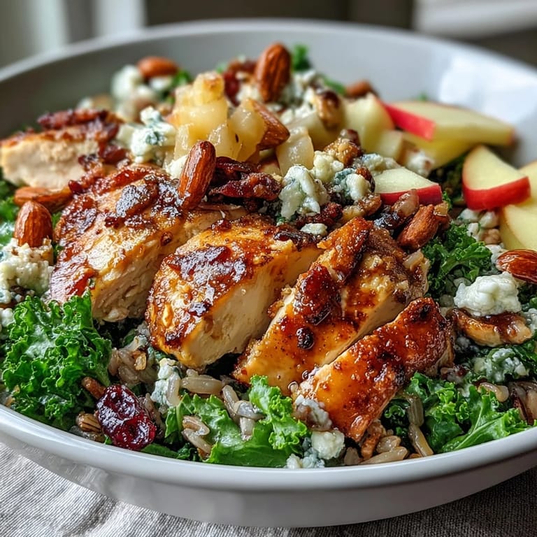A hearty gluten-free Harvest Bowl with massaged kale, tender chicken, wild rice, and crunchy almonds.