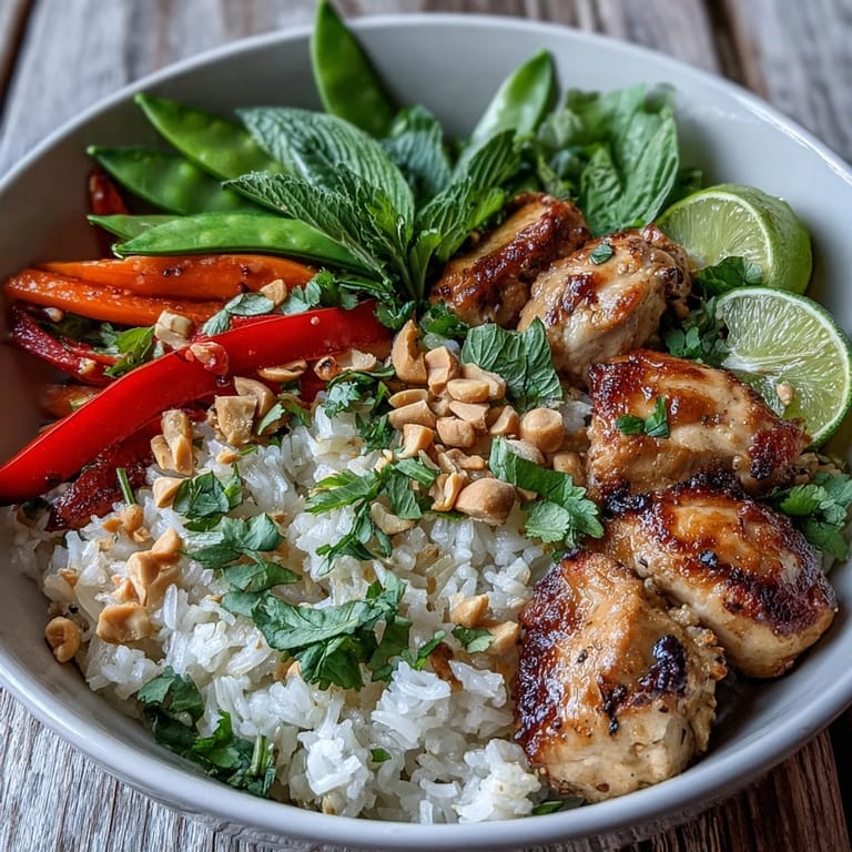 A fresh Thai Chicken Coconut Bowl featuring tender chicken, crunchy snap peas, and aromatic Thai basil, topped with chopped peanuts.