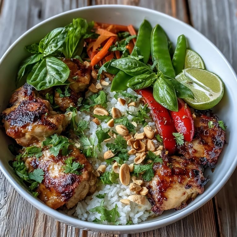 Close-up of a Thai Chicken Coconut Bowl with creamy coconut rice, glazed chicken, vibrant carrots, and lime wedges for squeezing.