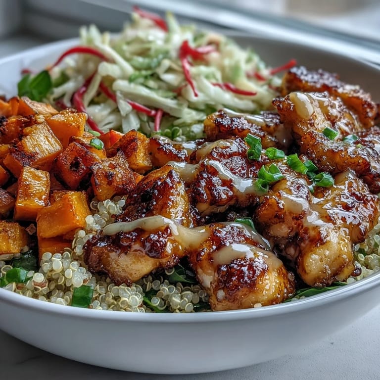Hot Honey Chicken Bowl served with golden sweet potatoes, tender chicken, and a tangy mustard dressing drizzled on top.