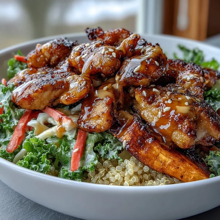 Assembled Hot Honey Chicken Bowl featuring juicy chicken, caramelized sweet potatoes, and fresh slaw over quinoa, ready to serve.